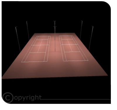 Tennisdoppelplatz mit LED-Beleuchtung als Simulation